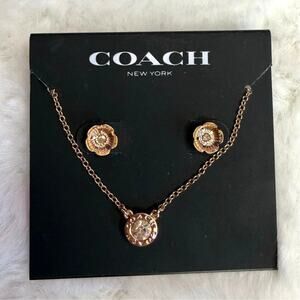 NWT COACH Signature Rose Gold Tone Floral Earrings Studs and Necklace Set